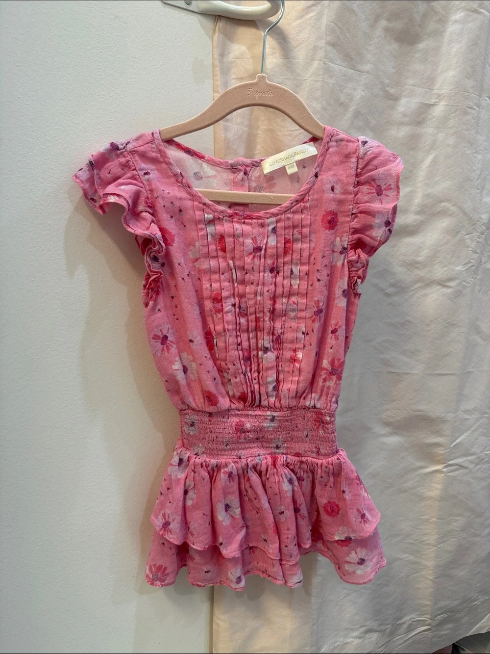 LoveShackFancy Pink Floral Pintuck Smocked Waist Tunic